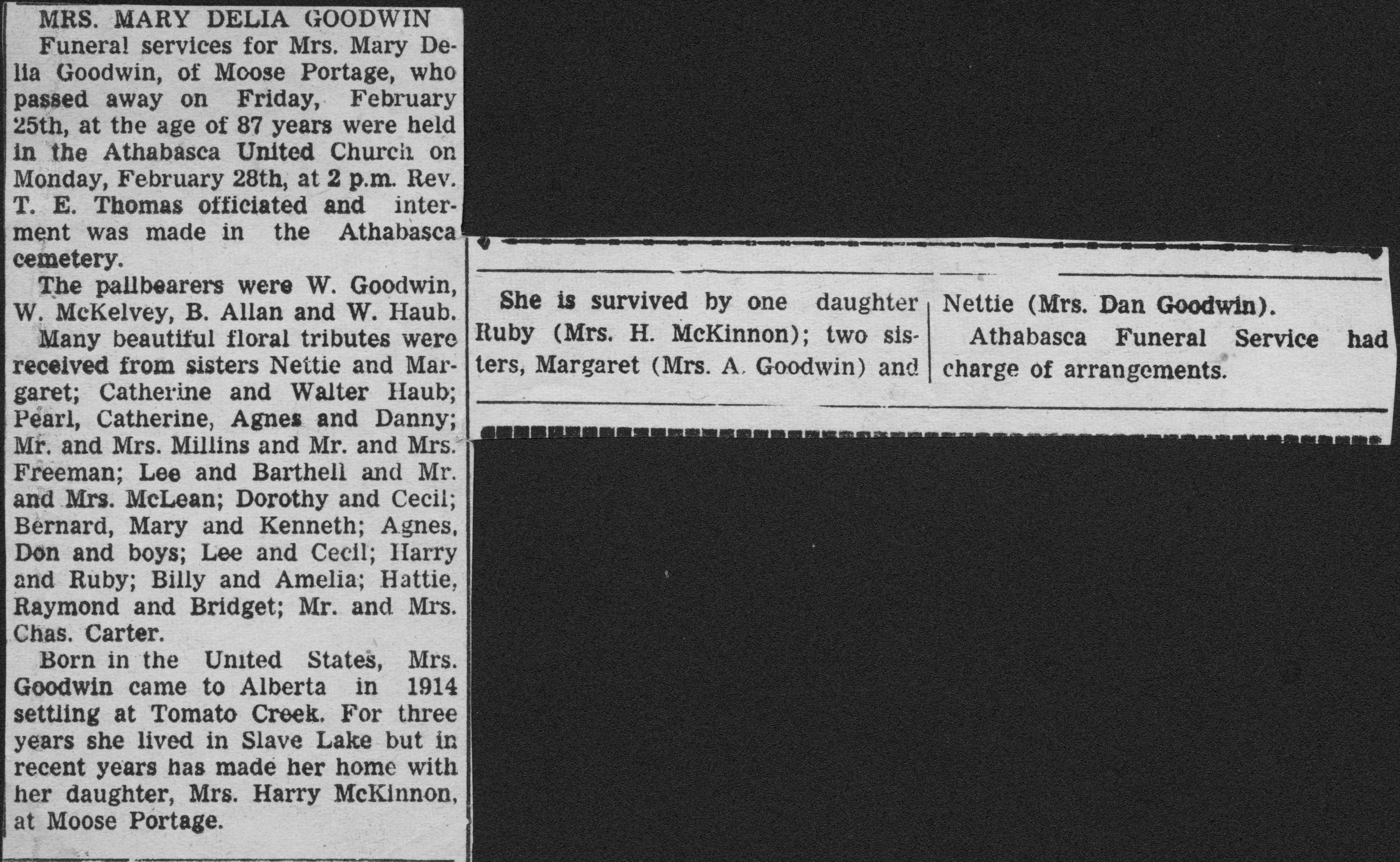 Obituary for Nettie Goodwin's sister Mary Delia Goodwin.