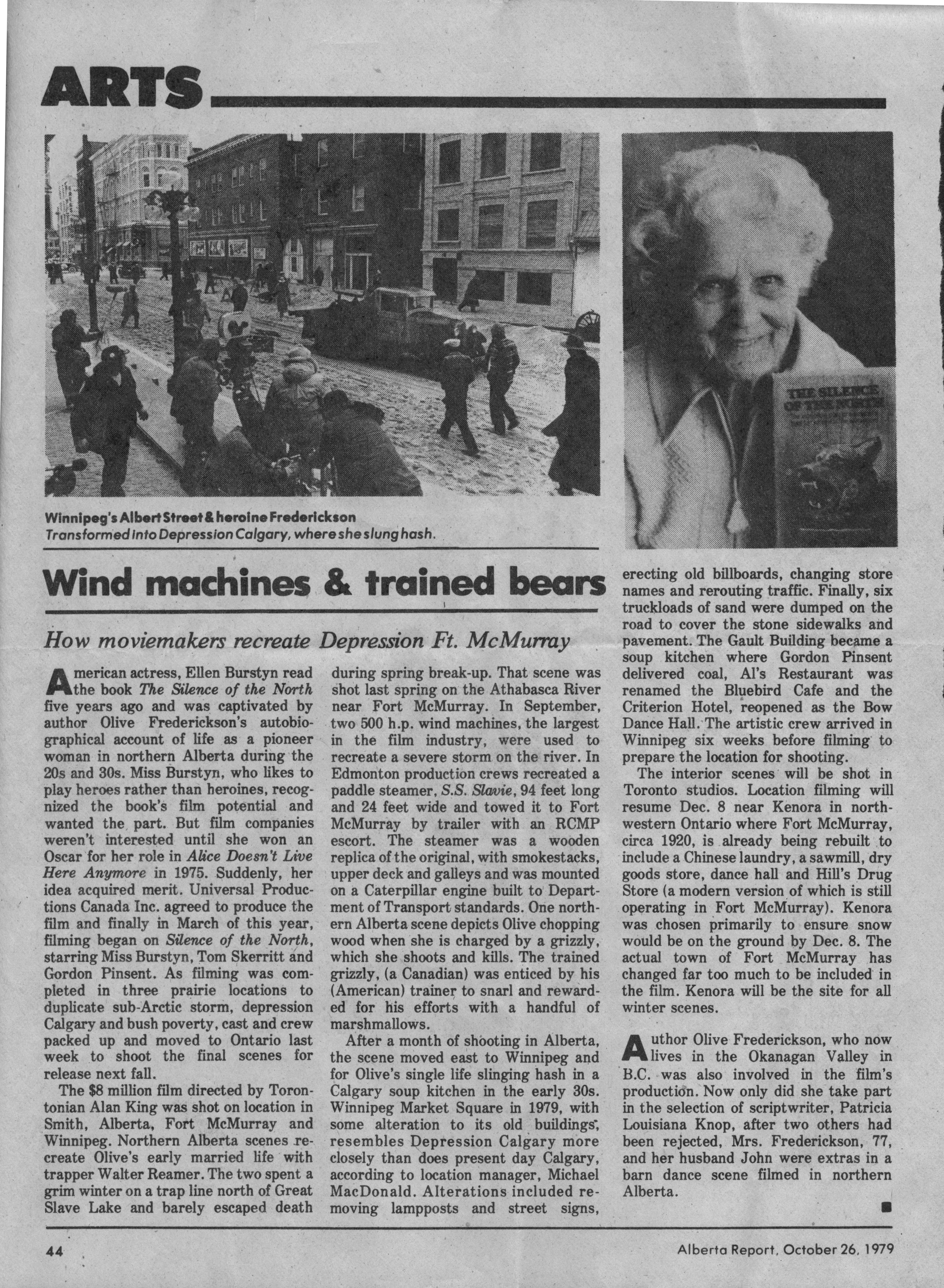 Newspaper article about Olive Frederickson, Cecil's mother's cousin and author of Silence of the North. 1979.