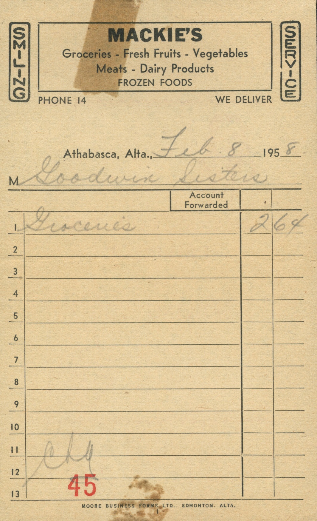 Invoice from Mackie's grocery store. 1958.
