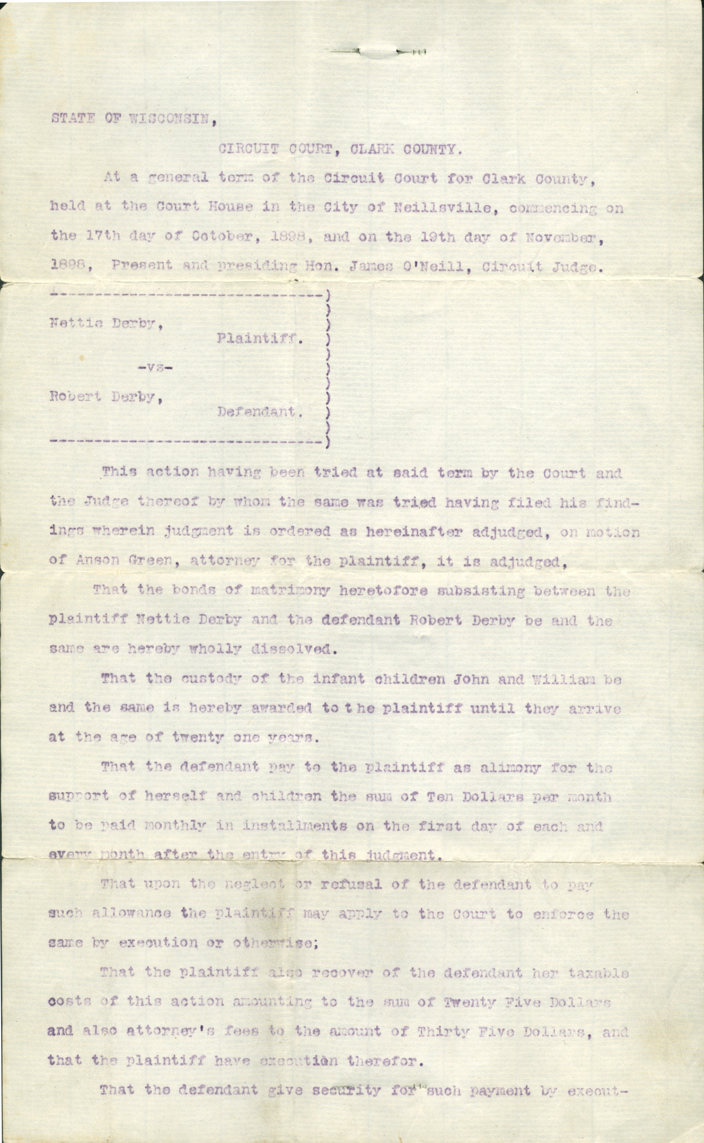 Cecil's grandmother Nettie's divorce decree for first marriage. 1898.