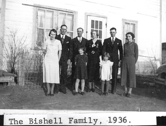 Bishell Family, 1936. L to R. Back : Frances (sister), Vern (brother),<br /> Walter James Bishell (dad), Frances Ocalle (mom), Alvin (brother),<br /> Edith. Children in front: Joyce (sister), Ruth (sister). Bishell Family, 1936. L to R. Back : Frances (sister), Vern (brother),<br /> Walter James Bishell (dad), Frances Ocalle (mom), Alvin (brother),<br /> Edith. Children in front: Joyce (sister), Ruth (sister).