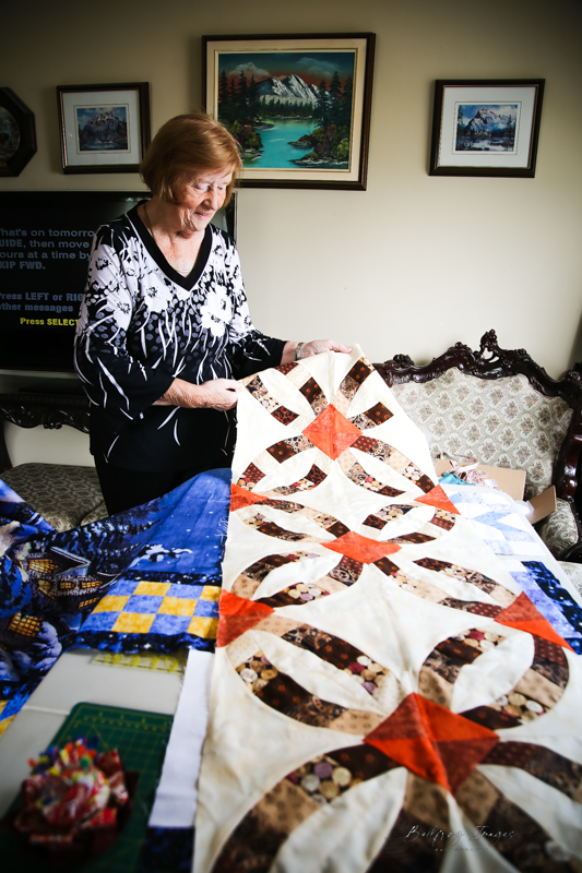 Gladys Spence with quilt in progress Gladys Spence with quilt in progress