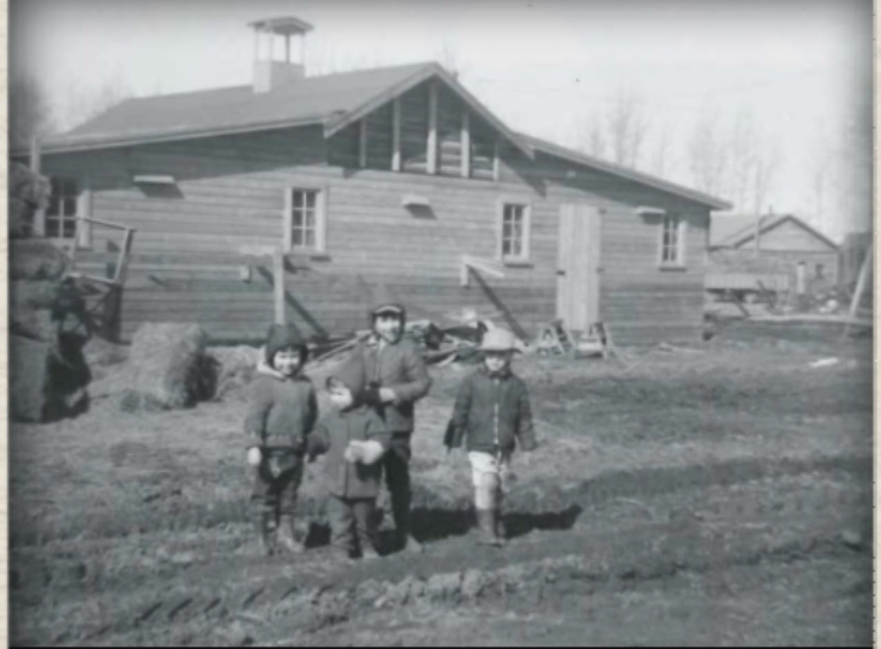 Irene's children Claudette, Maxine, Gisele, and René by the old barn at the Lawrence Seyfried homestead at Lawrence Lake. 1968 Irene's children Claudette, Maxine, Gisele, and René by the old barn at the Lawrence Seyfried homestead at Lawrence Lake. 1968