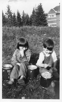 Donnie King, son of Philip King, and Jean (Fowlie) Golonka in front of the Old Brick School. Getting home from blueberry picking. Circa 1931. Donnie King, son of Philip King, and Jean (Fowlie) Golonka in front of the Old Brick School. Getting home from blueberry picking. Circa 1931.