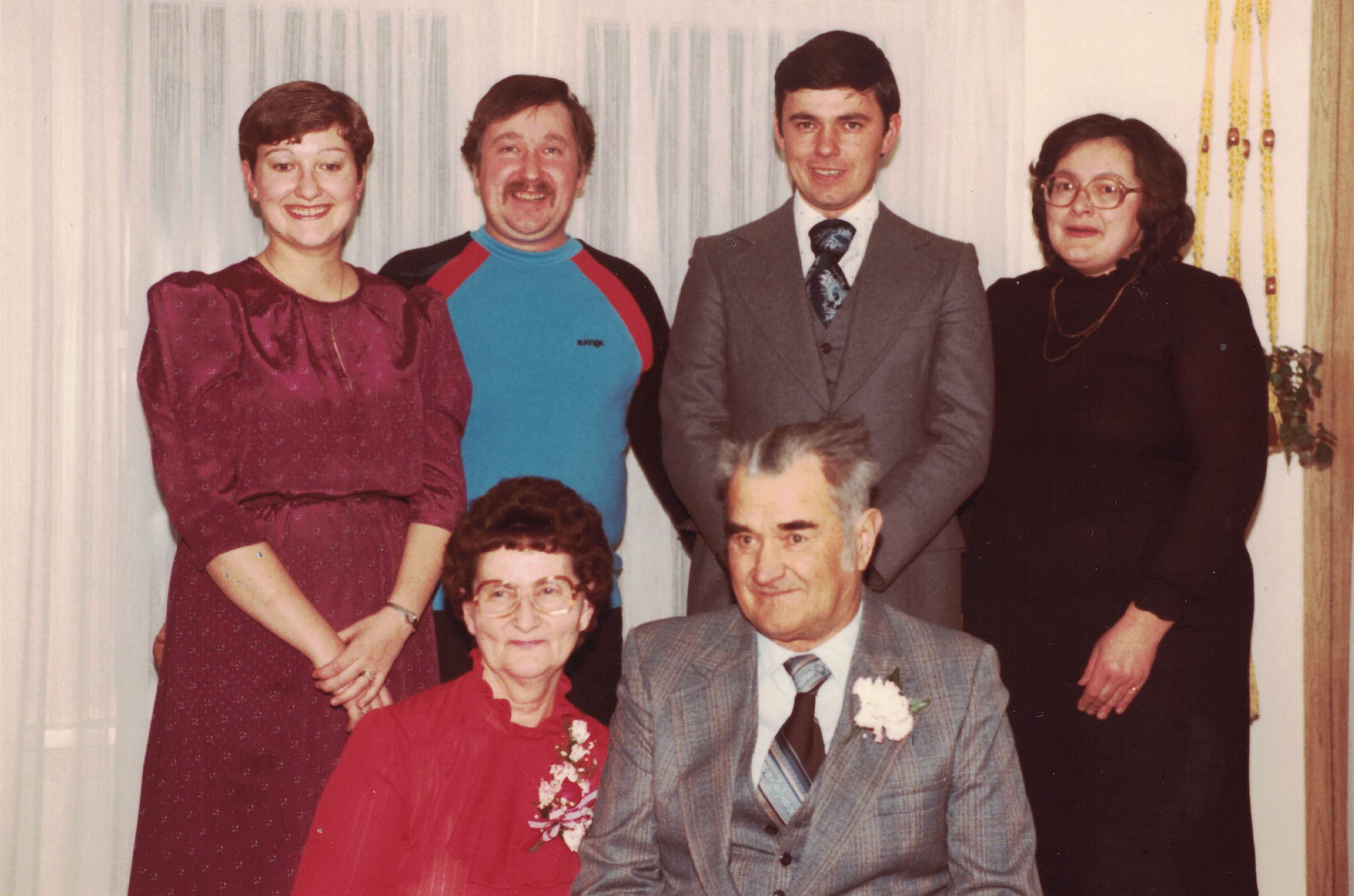 Katie and Peter's 40th wedding anniversary celebration with children. Left to right: Shirley Casavant, Ernie Kuzyk, Allan Kuzyk, Patricia Sharko. February 1984. Katie and Peter's 40th wedding anniversary celebration with children. Left to right: Shirley Casavant, Ernie Kuzyk, Allan Kuzyk, Patricia Sharko. February 1984.