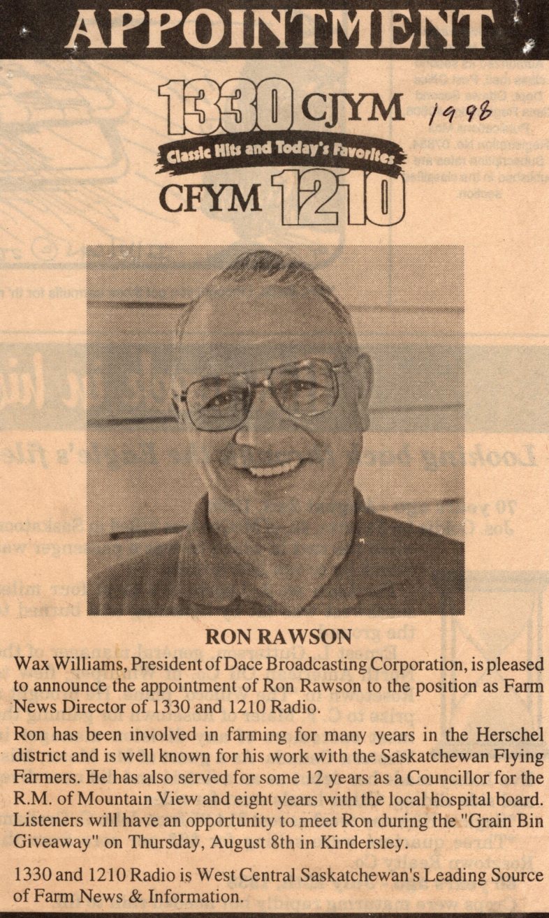 Ron Rawson appointment as Farm News Director of 1330 and 1210 Radio – 1998 Ron Rawson appointment as Farm News Director of 1330 and 1210 Radio – 1998