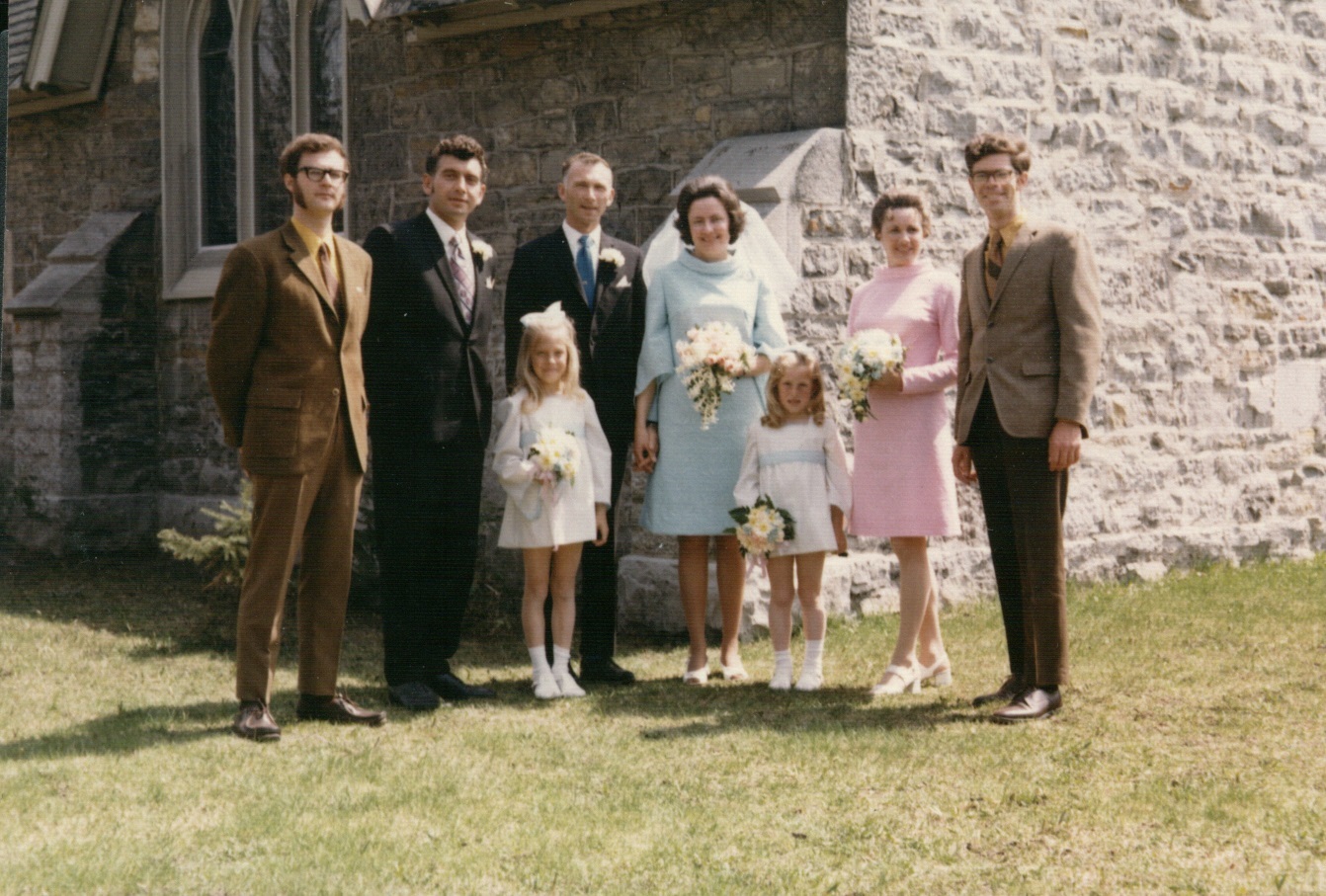 Ted and Dorothy's wedding picture. Left to right. Back row: Jim Stewart (2nd cousin; usher), Mike Turkawski, Ted Turkawski, Dorothy (Stotesbury) Turkawski, Audrey Parks, Ron Stewart (second cousin; usher). Front row: Susan Rab, Lynda Rab. Ted and Dorothy's wedding picture. Left to right. Back row: Jim Stewart (2nd cousin; usher), Mike Turkawski, Ted Turkawski, Dorothy (Stotesbury) Turkawski, Audrey Parks, Ron Stewart (second cousin; usher). Front row: Susan Rab, Lynda Rab.