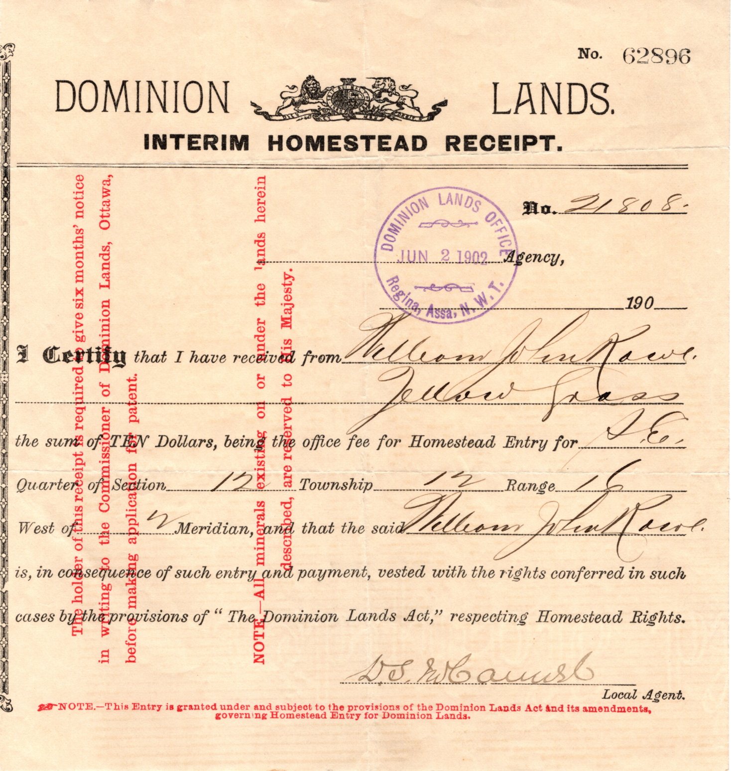 Interim Homestead Receipt - William John Rowe, 1902