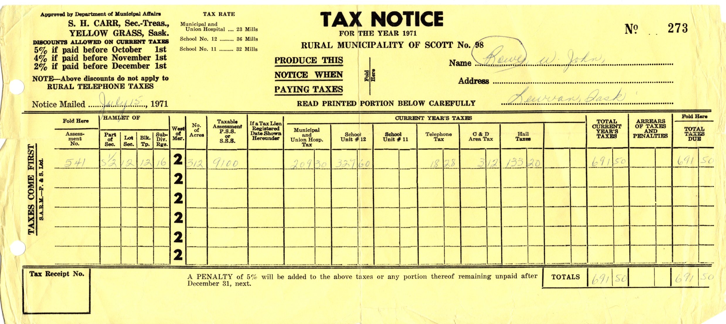 Property Tax Notice - W. John Rowe, 1971
