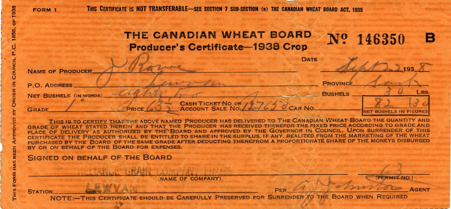 The Canadian Wheat Board wheat producer's certificates - W. J. Rowe, 1938