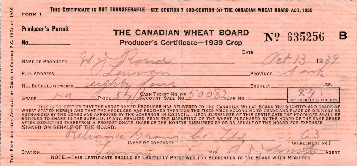 The Canadian Wheat Board wheat producer's certificates - W. J. Rowe, 1939