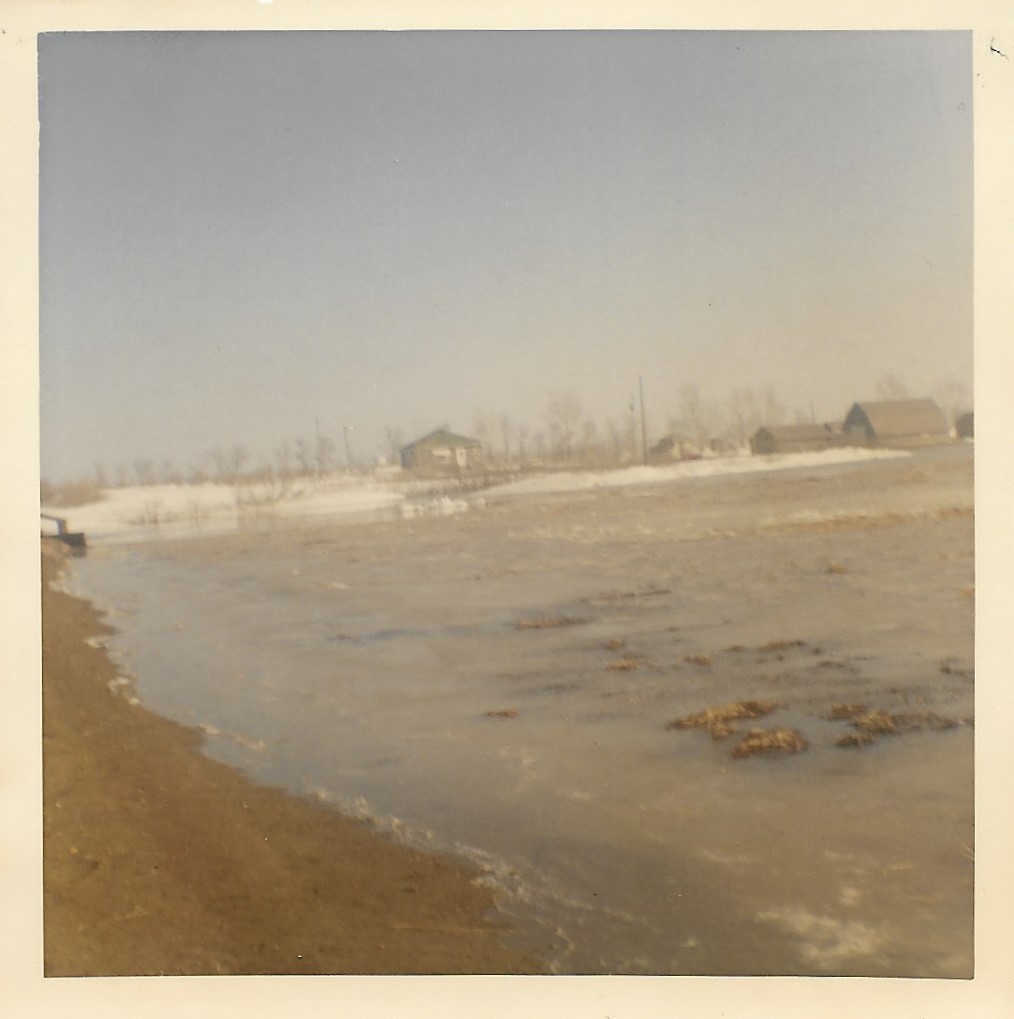 Granaries, equipment and ruts in creek back-up soaked farm yard - 1969 - #1