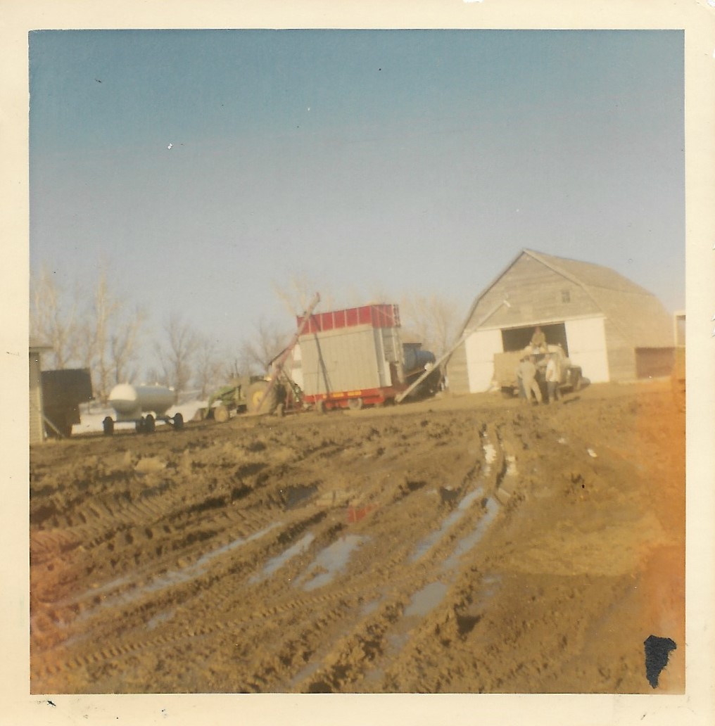Granaries, equipment and ruts in creek back-up soaked farm yard - 1969 - #2