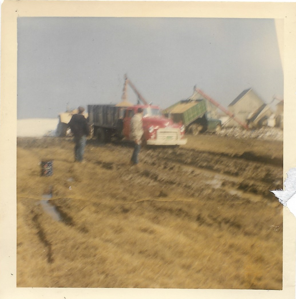 Granaries, equipment and ruts in creek back-up soaked farm yard - 1969 - #3