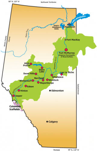 Map of Alberta with the Athabasca River Basin highlighted